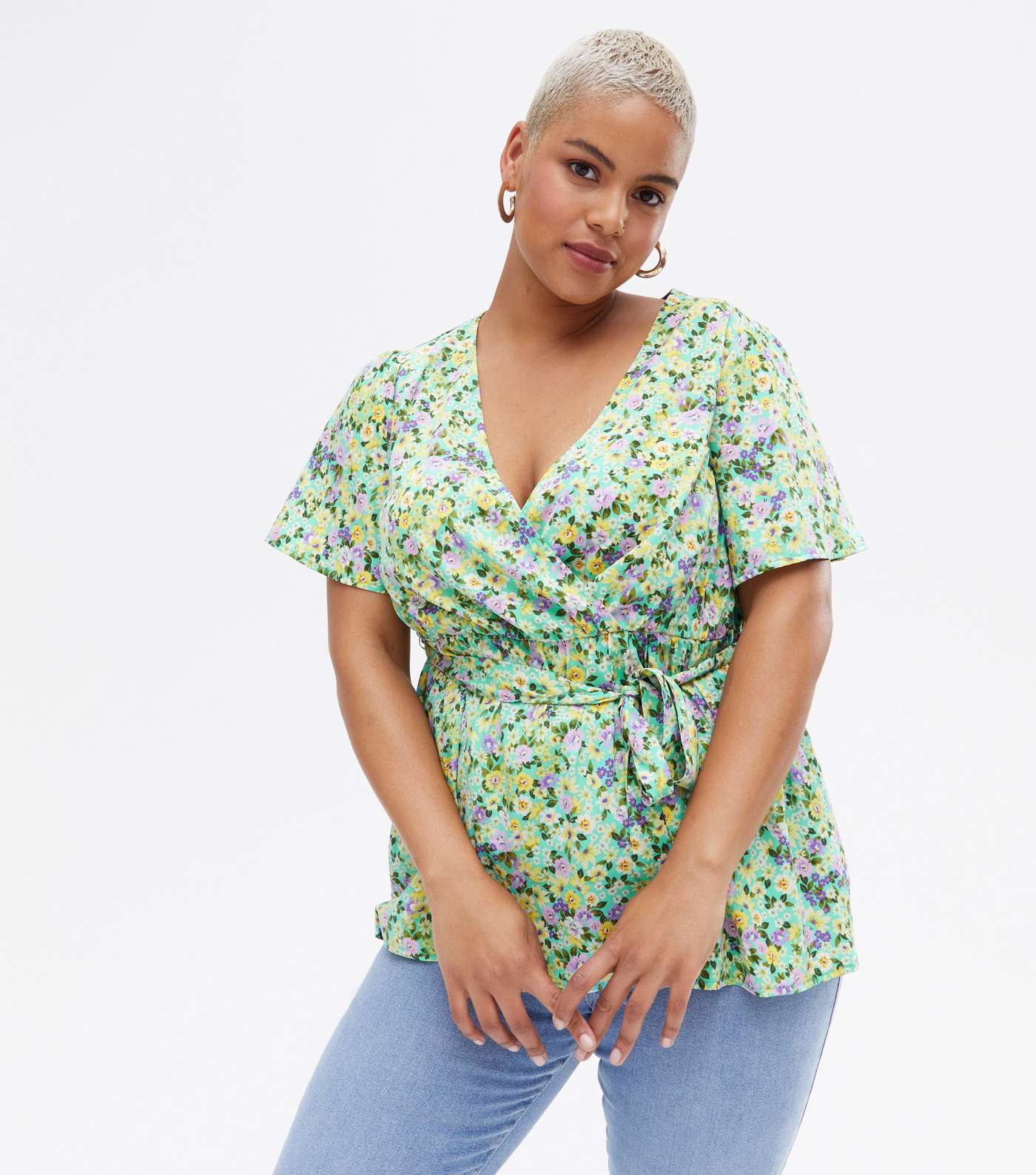 Curves Green Floral Crepe Wrap Top