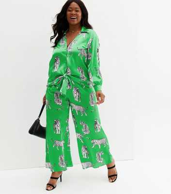 Curves Green Tiger Print Wide Leg Trousers