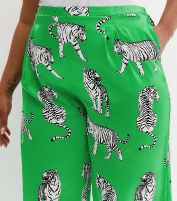 Curves Green Tiger Print Wide Leg Trousers New Look