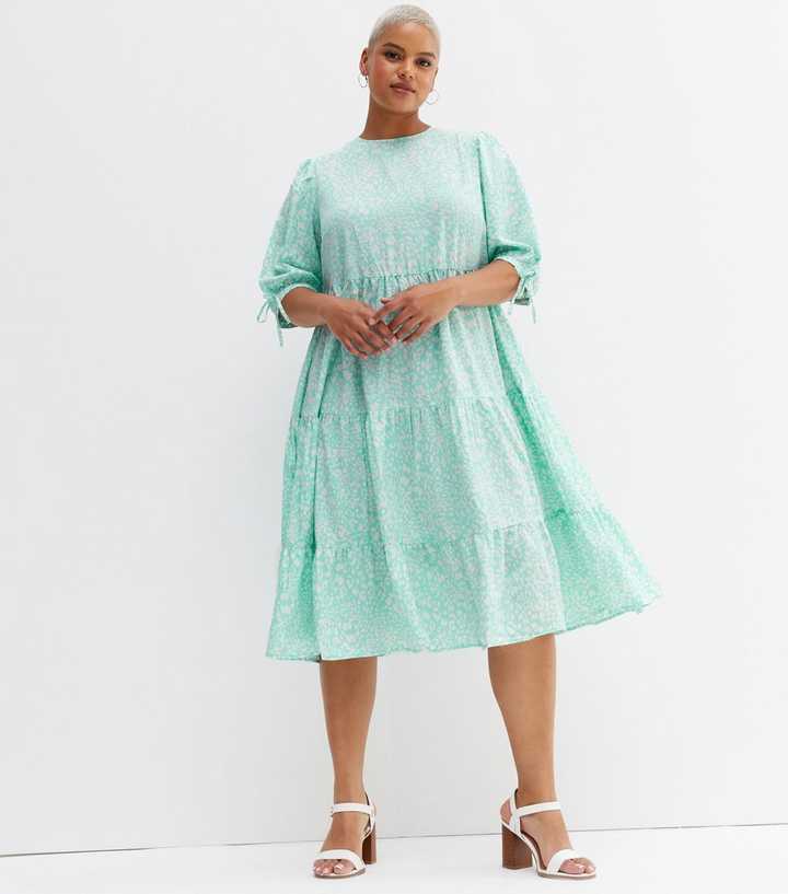 Curves Turquoise Animal Print Tiered Midi Smock Dress