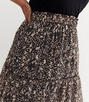 Curves Brown Animal Print Chiffon Midi Skirt New Look