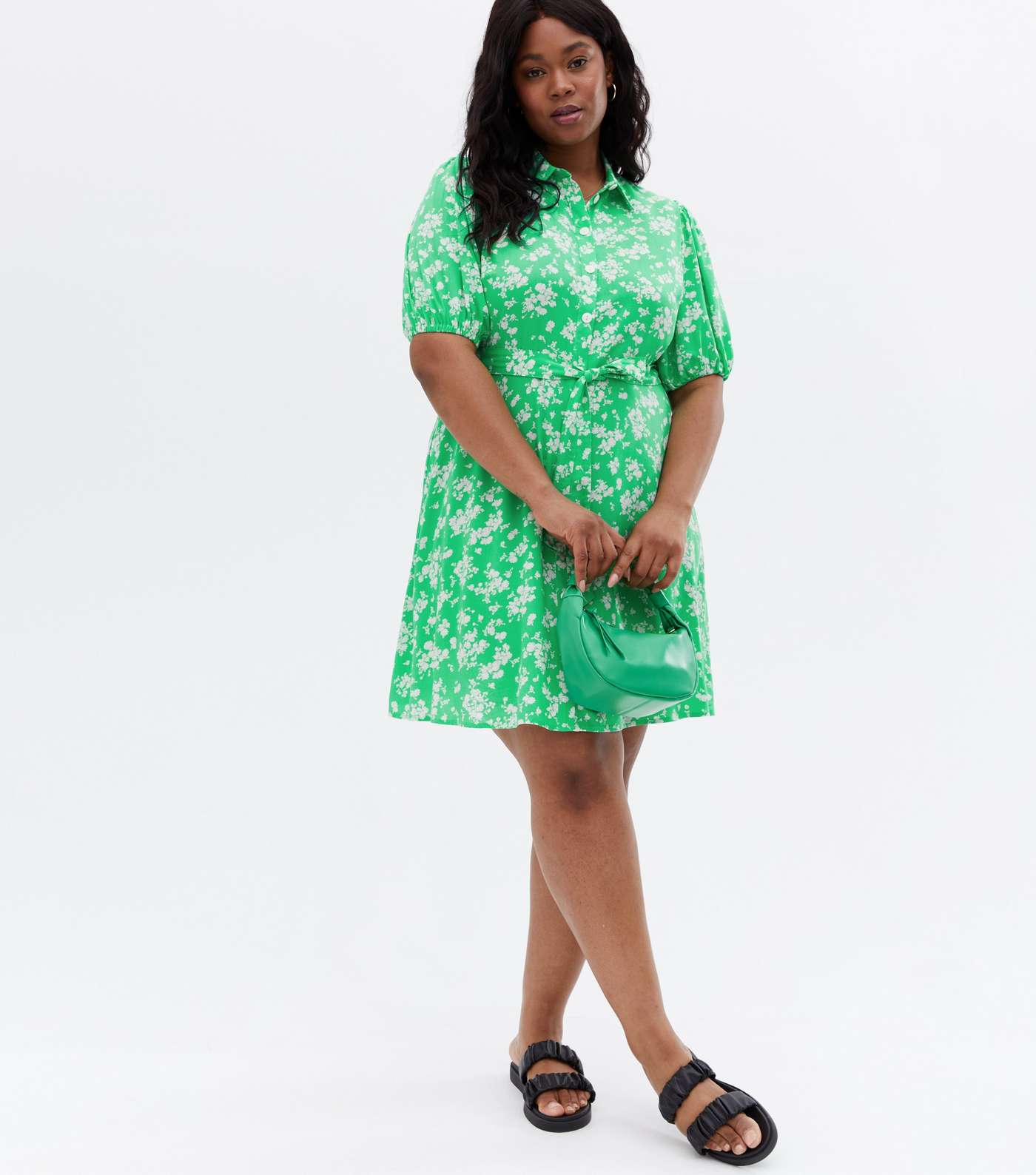 Curves Green Floral Puff Sleeve Mini Shirt Dress
