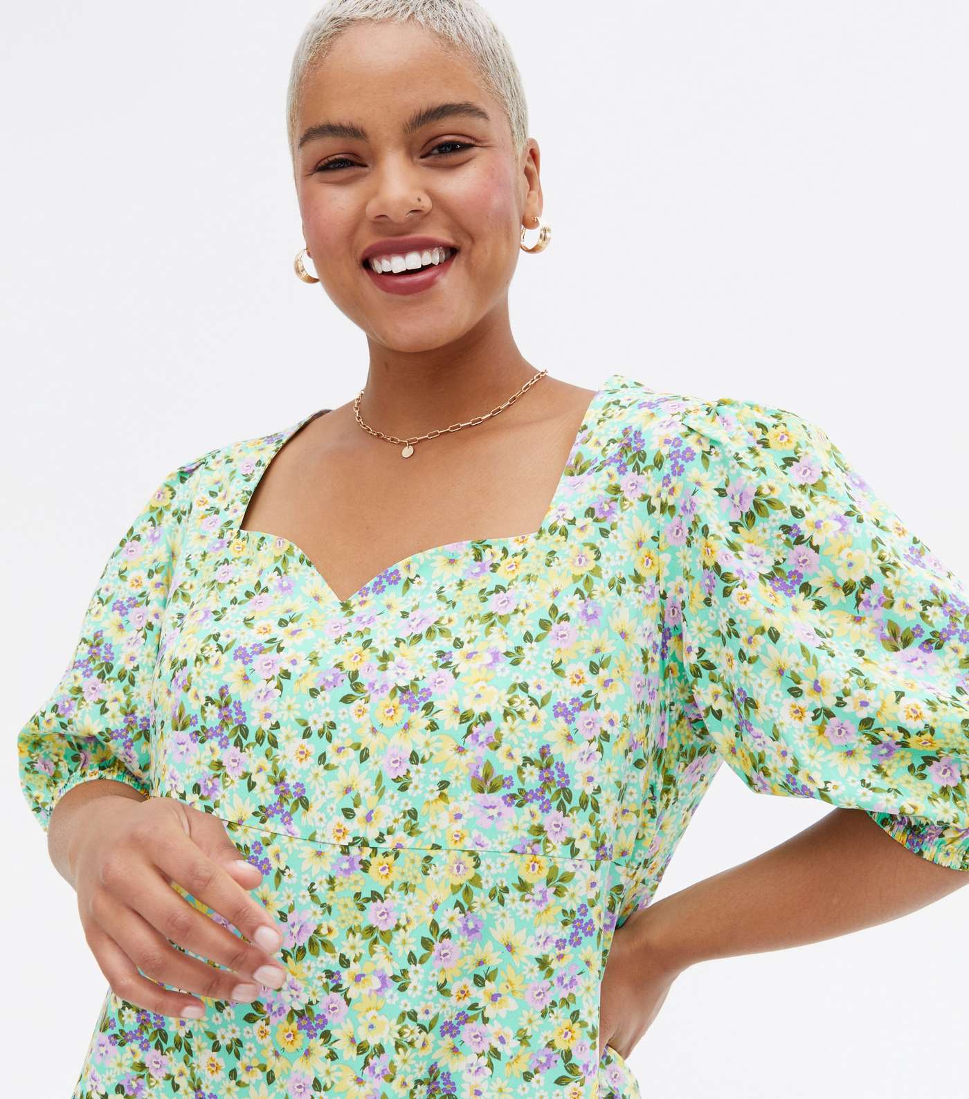 Curves Green Ditsy Floral Sweetheart Mini Smock Dress Image 2
