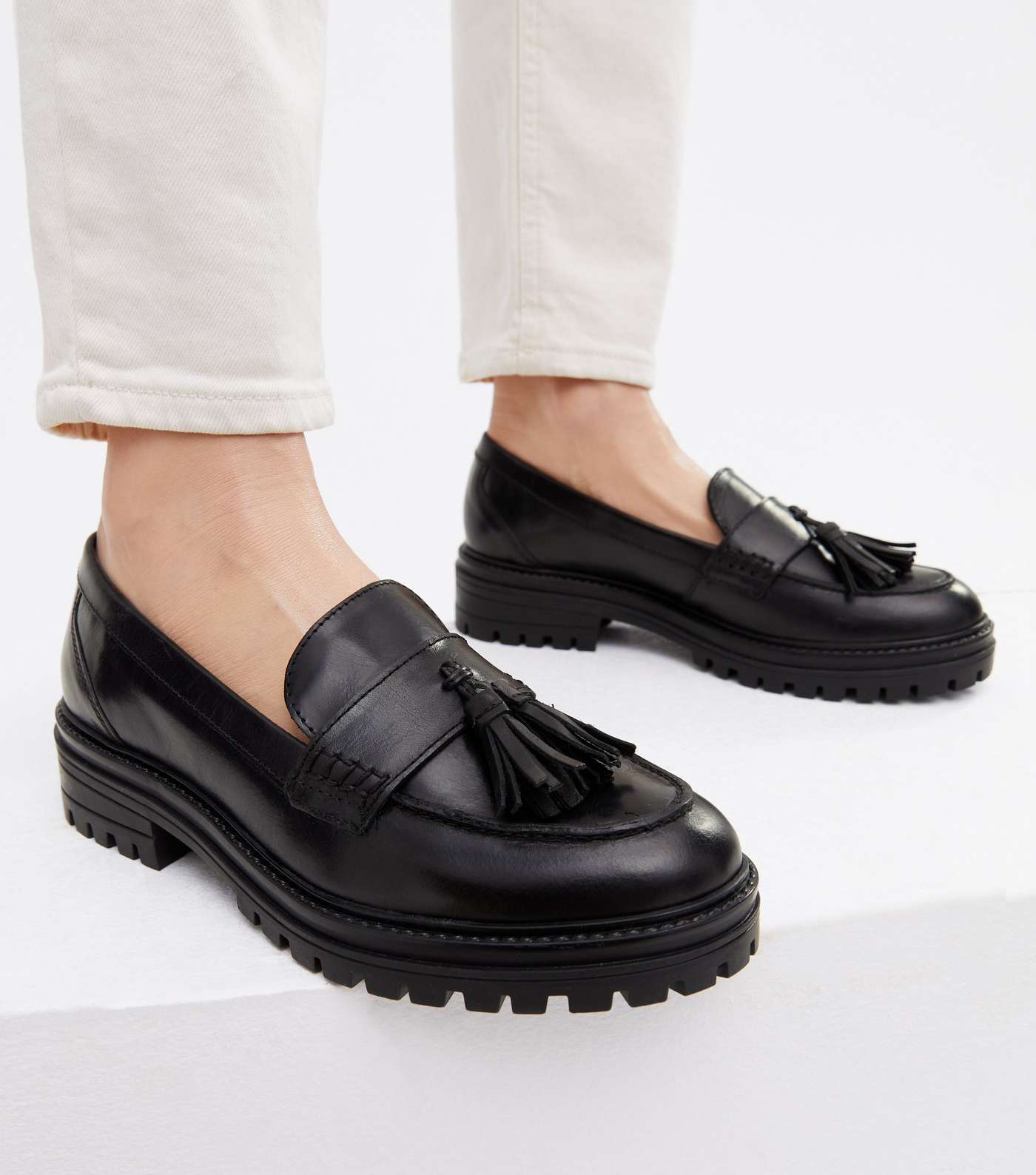 Black Leather Tassel Chunky Loafers Image 2