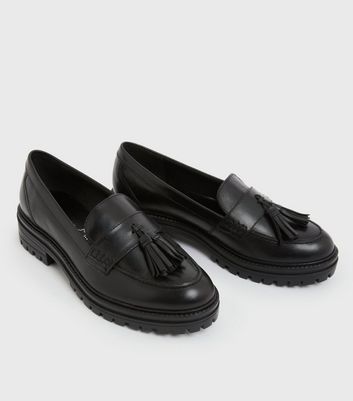black leather chunky loafers