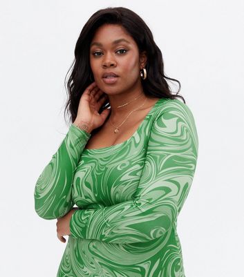 Vero Moda Curves Green Swirl Ribbed Midi Dress New Look