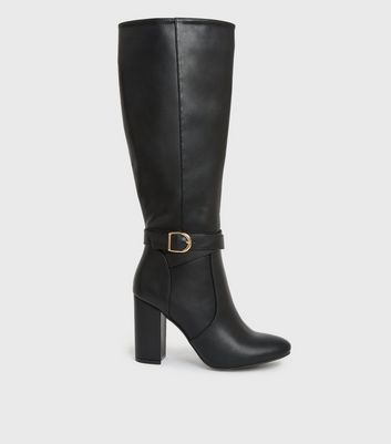Black Leather-Look Stretch Block Heel Knee High Boots | New Look