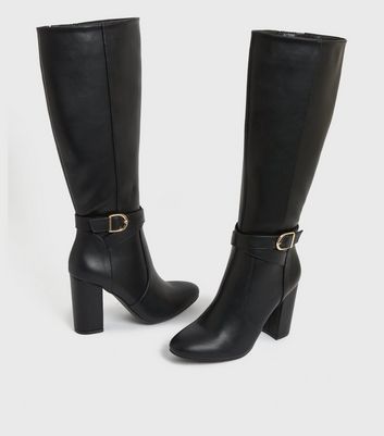 Black Leather Look Knee High Block Heel Boots New Look