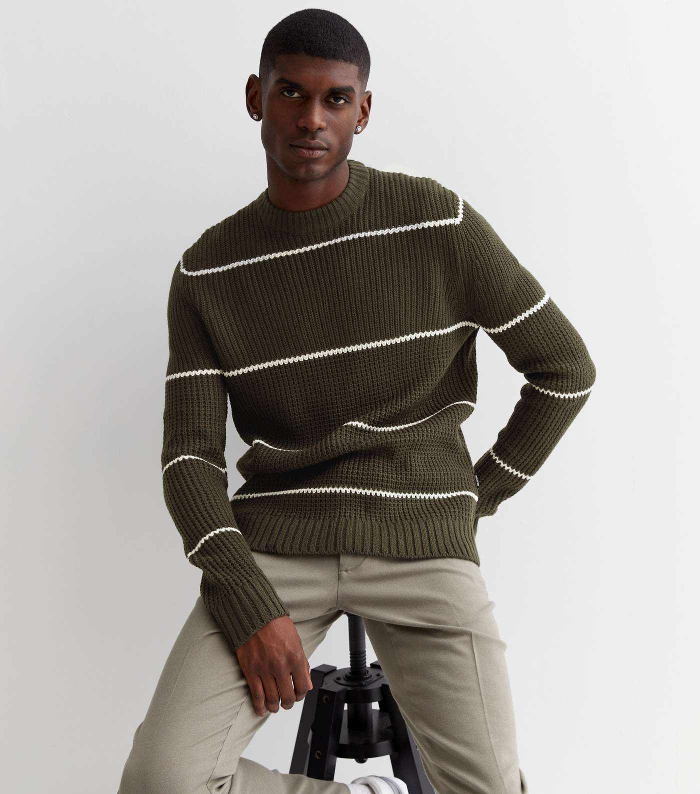 Only & Sons Khaki Striped Knitted Crew Neck Long Sleeve Jumper Image 2