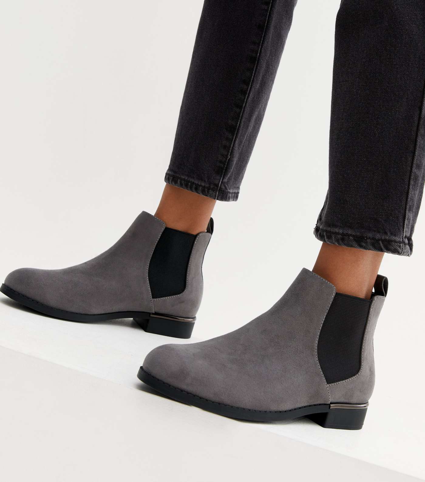 Extra Wide Fit Grey Suedette Elasticated Metal Trim Chelsea Boots Image 2