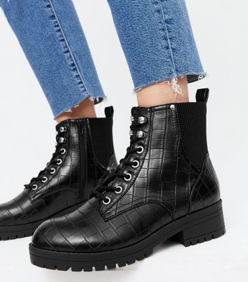 Black croc lace outlet up ankle boots