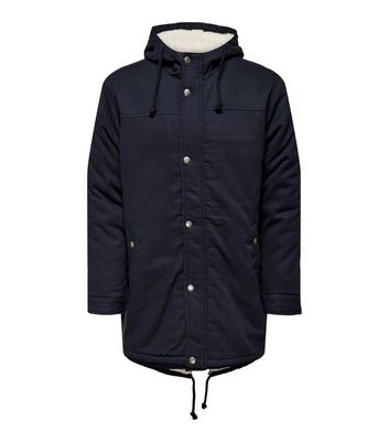 Only & Sons Navy Lined Hooded Parka Jacket New Look