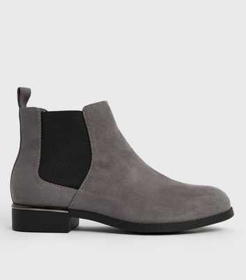 Wide Fit Grey Suedette Elasticated Metal Trim Chelsea Boots