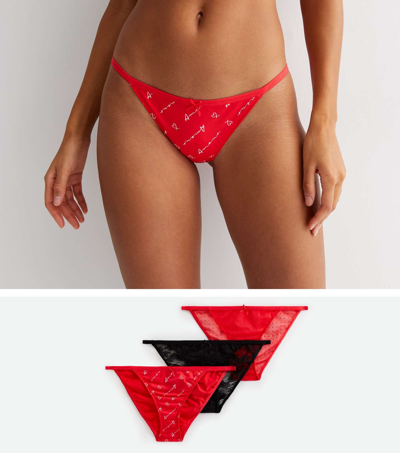 3 Pack Red and Black Amour Lace Mesh Bikini Briefs