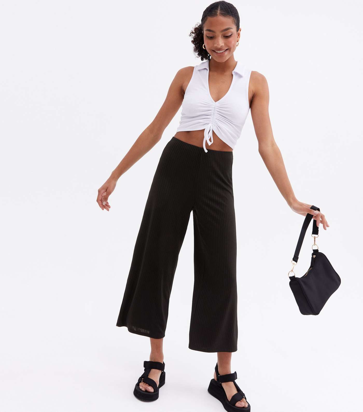 Black Ribbed High Waist Crop Trousers