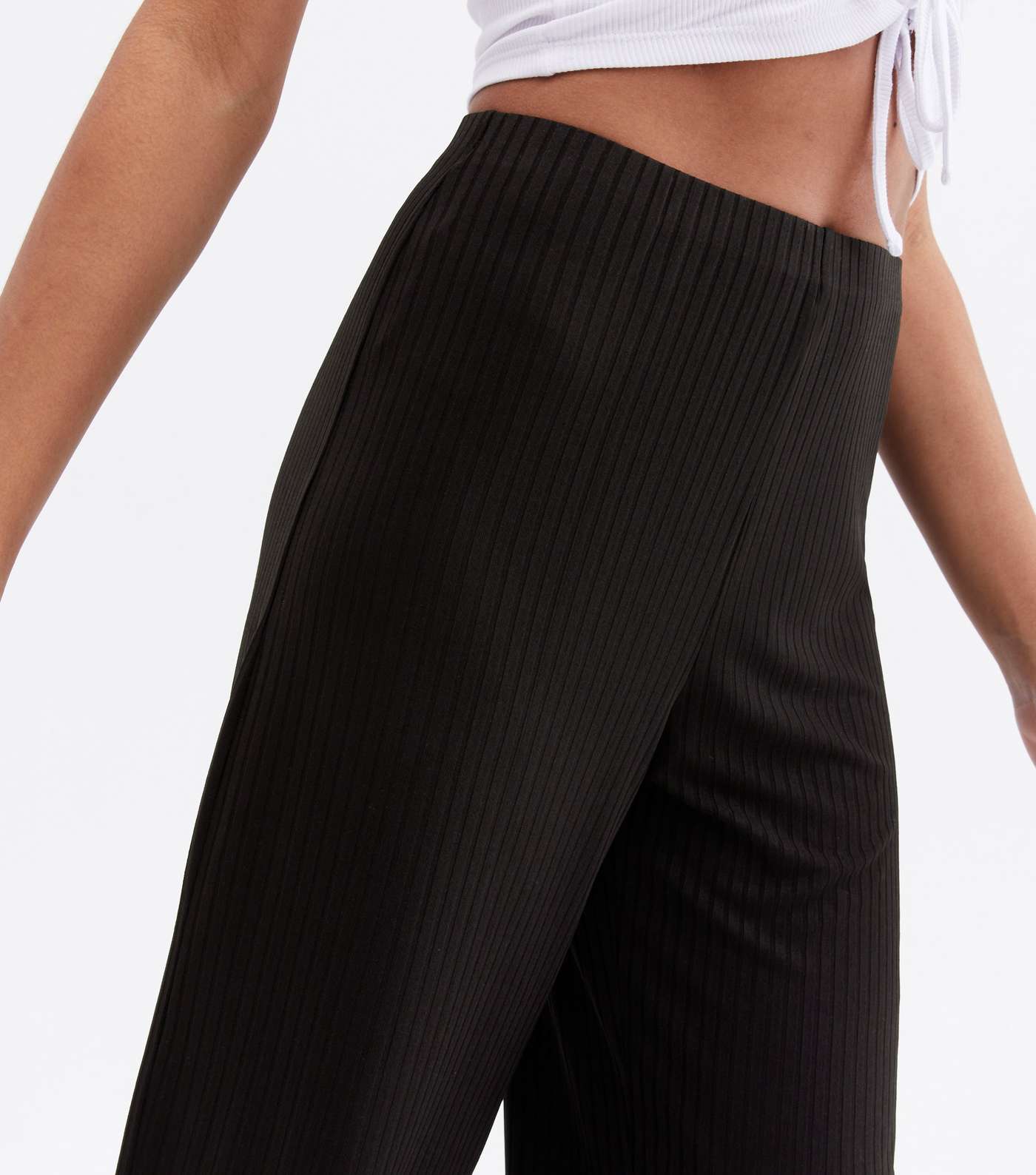 Black Ribbed High Waist Crop Trousers Image 3