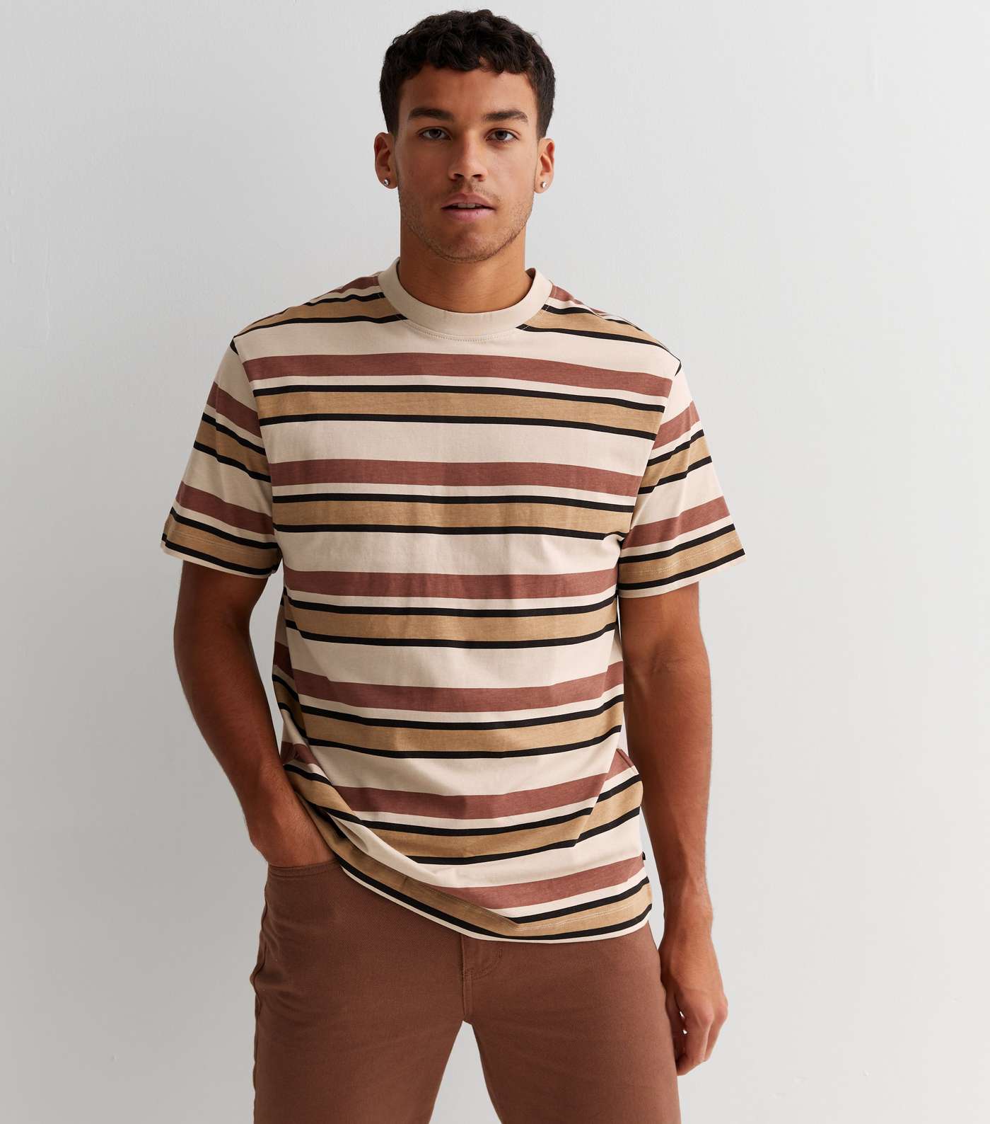 Only & Sons Light Brown Stripe Relaxed Fit T-Shirt Image 2