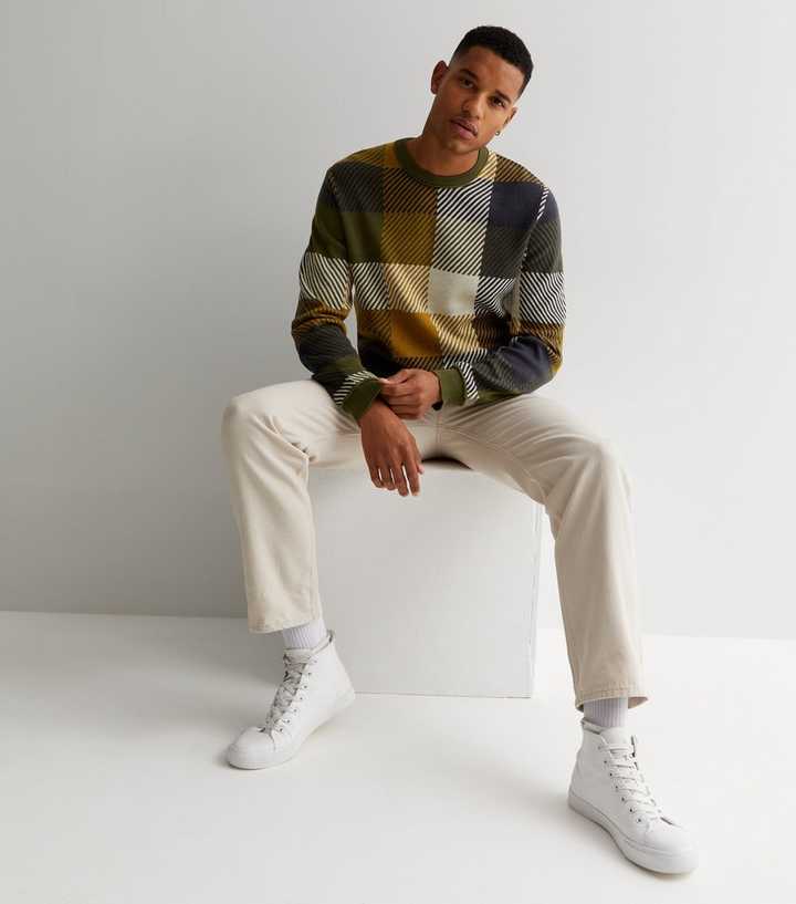 Only & Sons Light Brown Stripe Check Crew Neck Jumper | New Look