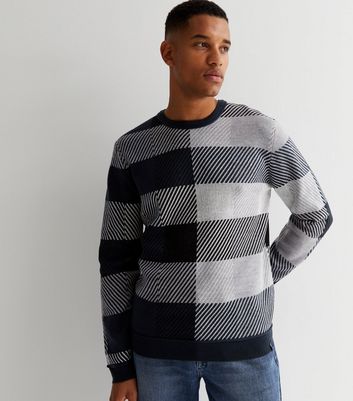 Sons Navy Stripe Check Crew Neck Jumper 