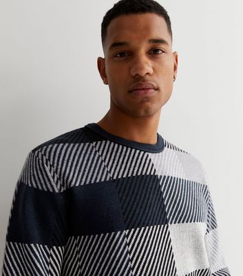 Sons Navy Stripe Check Crew Neck Jumper 