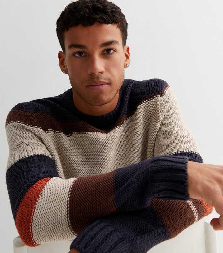 Only u0026 Sons Navy Colour Block Jumper | New Look