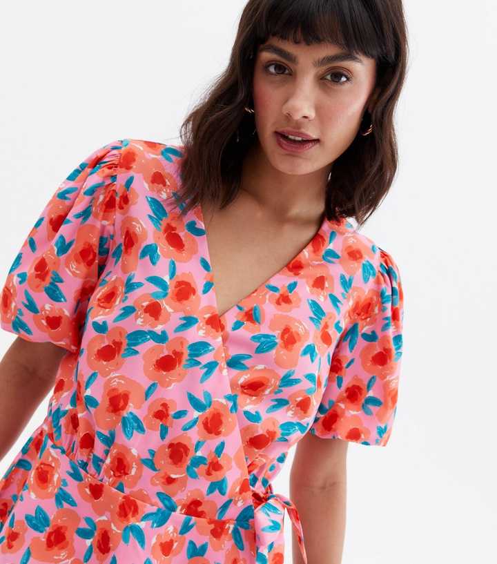 Pink Floral Crepe Puff Sleeve Wrap Blouse