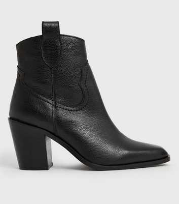 Black Leather Block Heel Western Boots