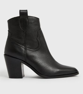 Black Leather Block Heel Western Boots | New Look