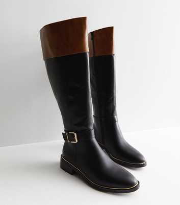 Wide Fit Black Buckle Knee High Riding Boots