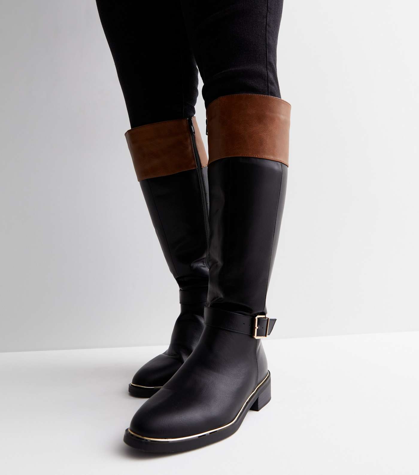 Wide Fit Black Buckle Knee High Riding Boots Image 2