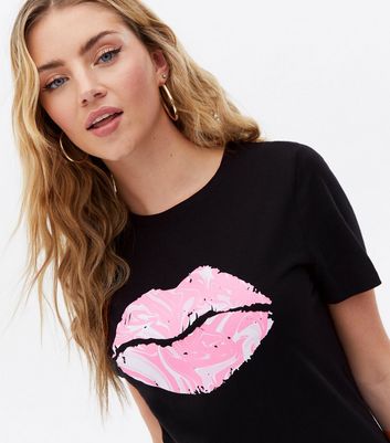 Black Marble Lips T Shirt New Look