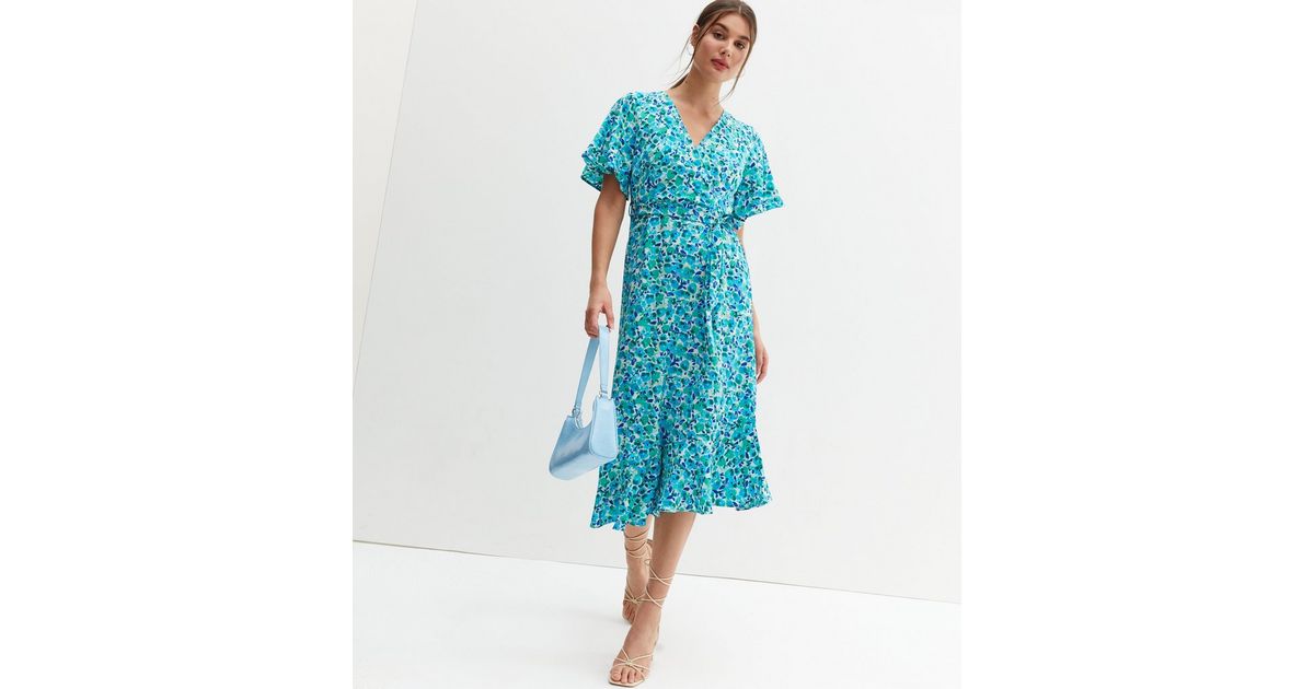Blue Vanilla Blue Floral Asymmetric Midi Wrap Dress New Look