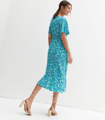 Blue Vanilla Blue Floral Asymmetric Midi Wrap Dress New Look