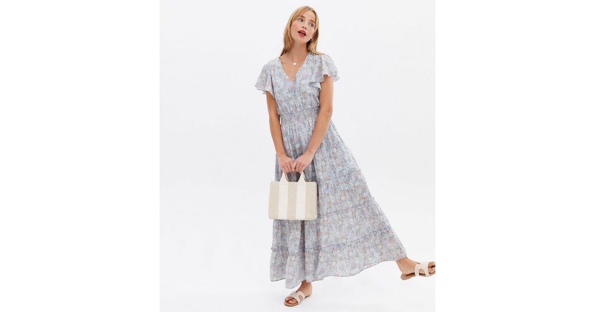 Blue Vanilla Blue Floral Shirred Tiered Midi Dress New Look