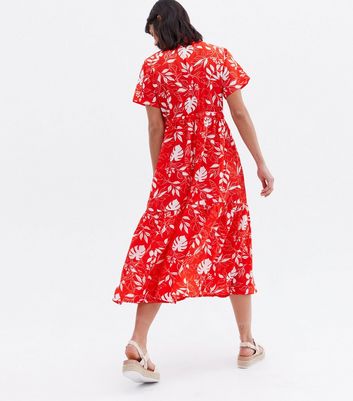 Blue Vanilla Red Leaf Print Midi Shirt Dress New Look