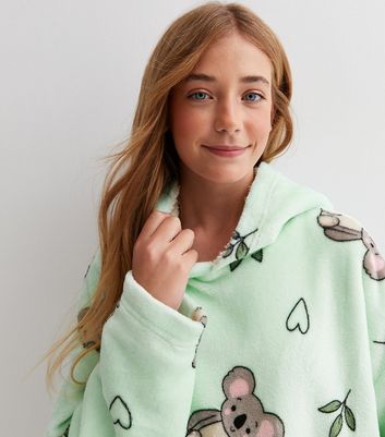 Girls Mint Green Koala Fleece Oversized Blanket Hoodie New Look