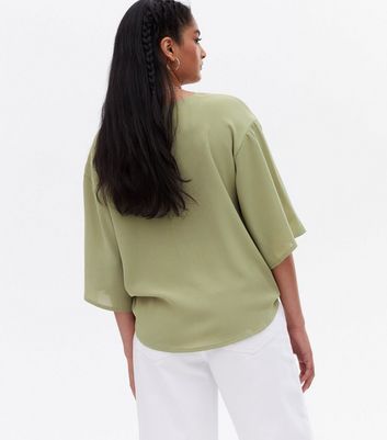 Blue Vanilla Light Green Tie Front Oversized Batwing Top New Look