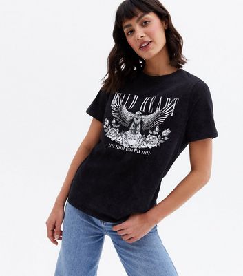 Click to view product details and reviews for Black Acid Wash Wild Heart Logo T Shirt New Look.