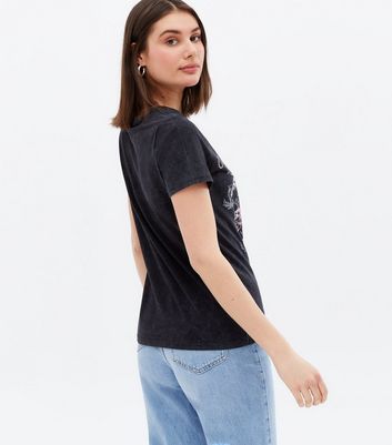 Black Acid Wash Floral Logo T-Shirt 