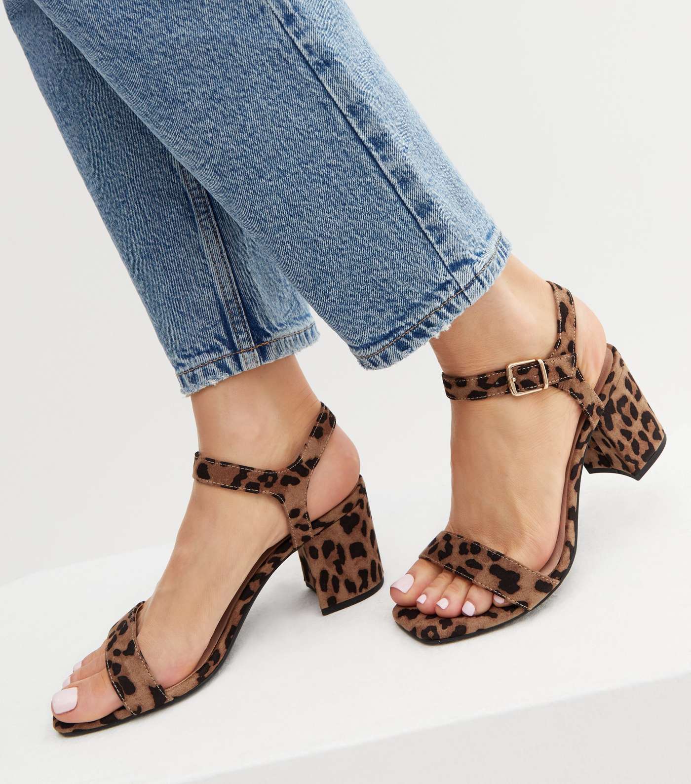 Wide Fit Brown Leopard Print Suedette Block Heel Sandals Image 2