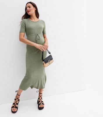 Green Jersey Tie Waist Midi Dress 