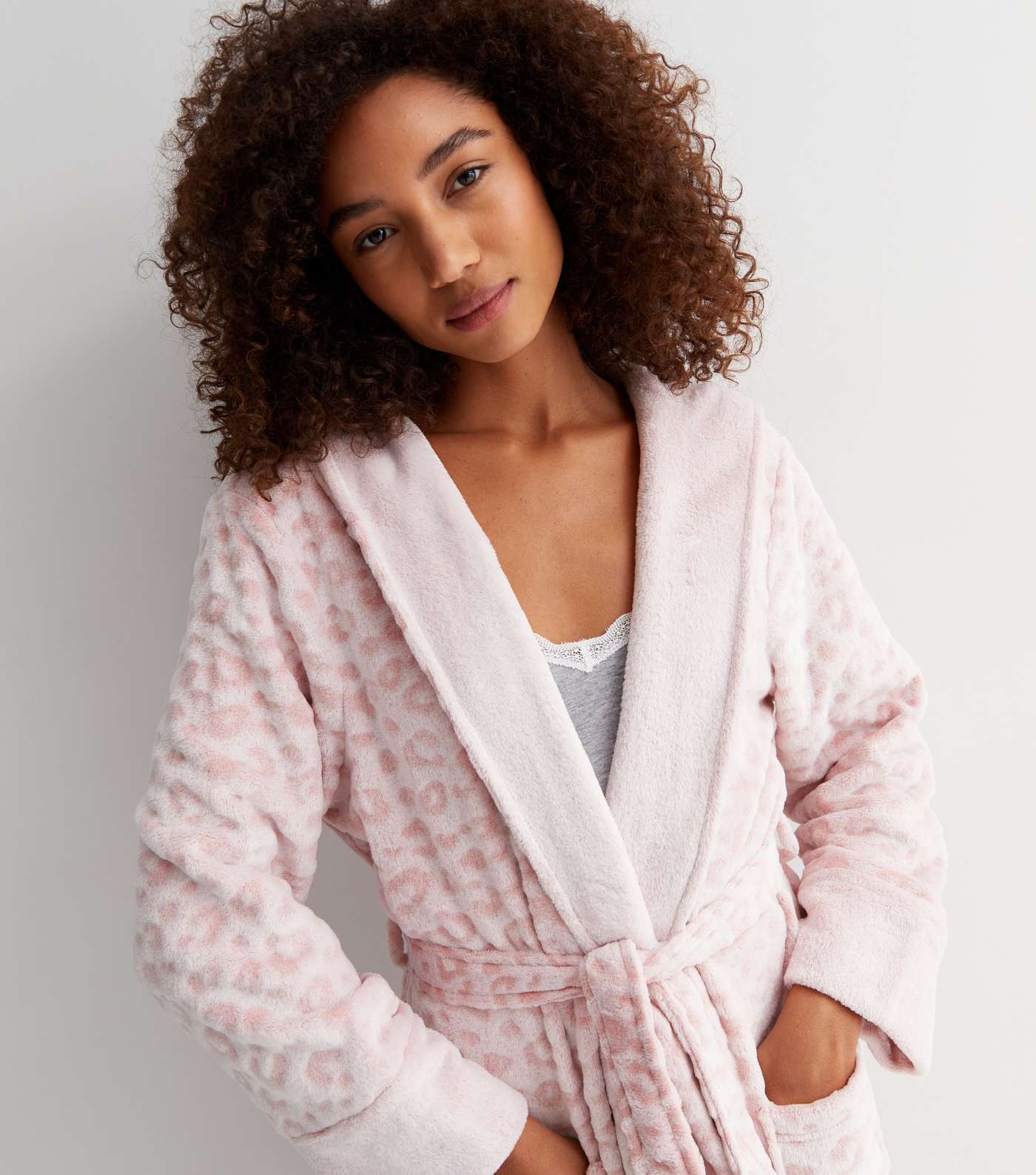 Pink Leopard Print Fluffy Hooded Dressing Gown Image 2