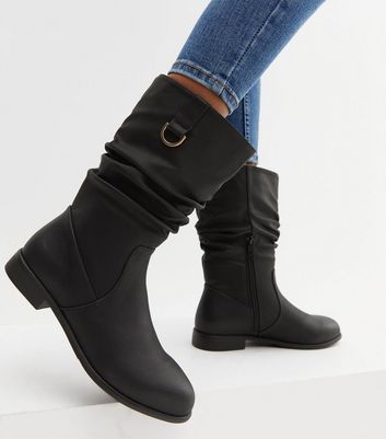 Black Leather Look Mid Calf Slouch Boots