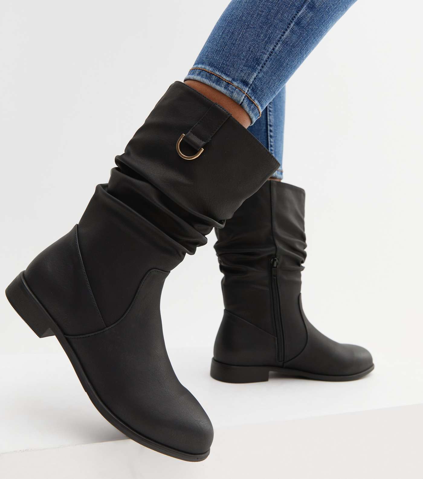 Black Leather-Look Mid Calf Slouch Boots Image 2