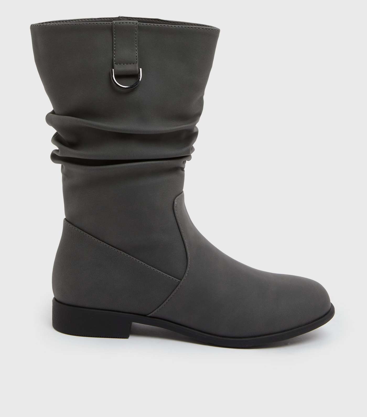 Grey Leather-Look Mid Calf Slouch Boots