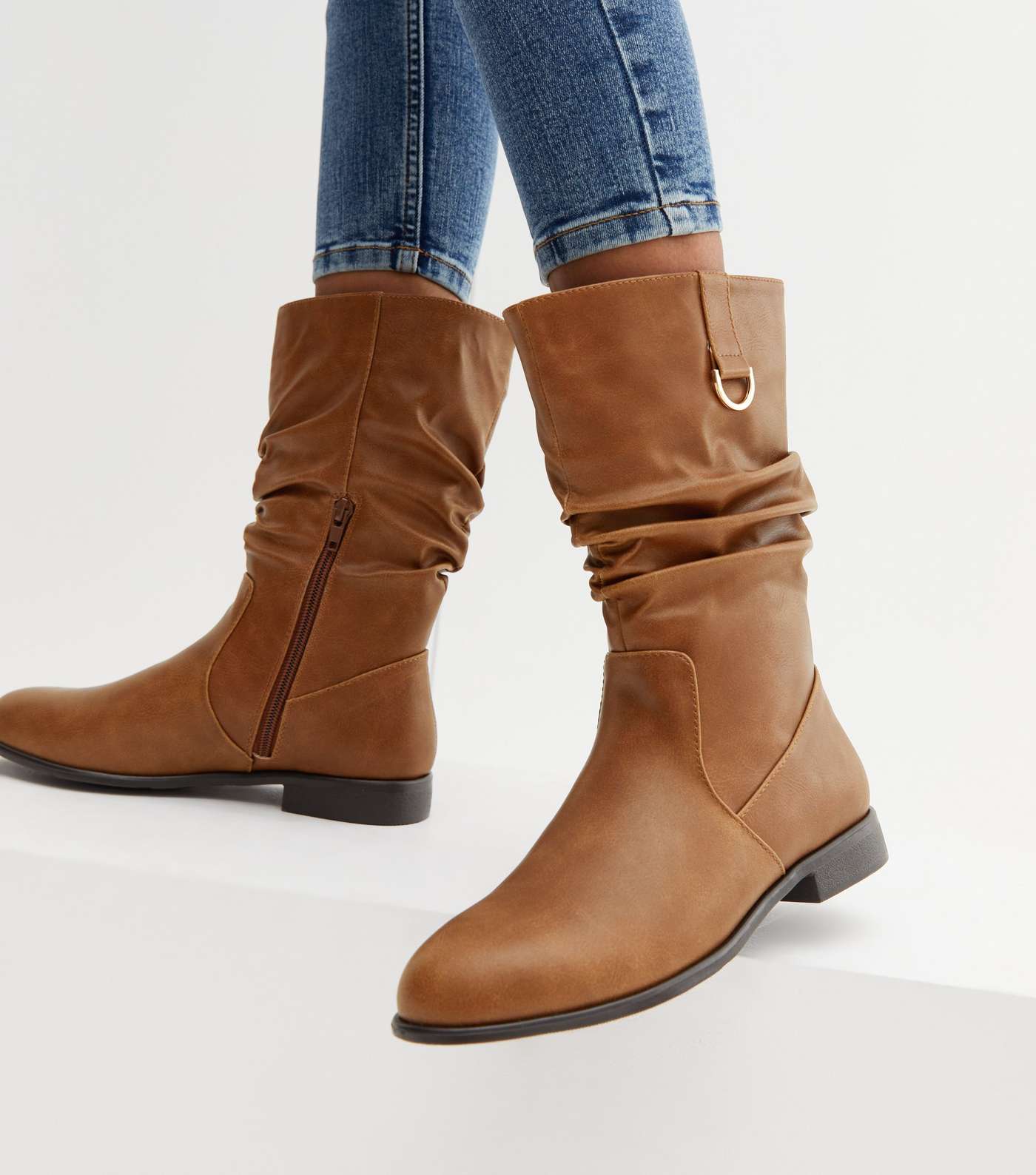 Tan Leather-Look Mid Calf Slouch Boots Image 2
