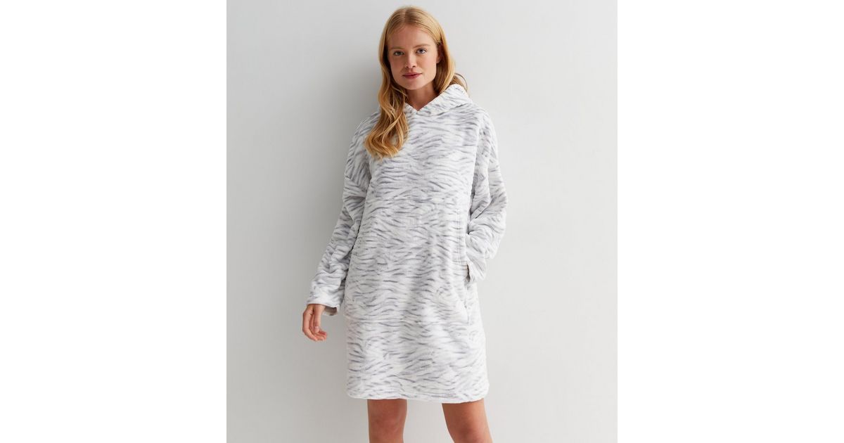 Light Grey Zebra Print Fleece Oversized Blanket Hoodie New Look