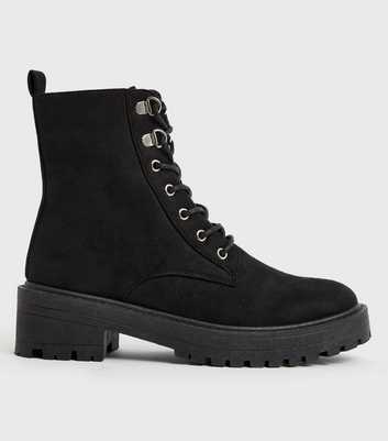 Girls Black Suedette Lace Up Chunky Boots