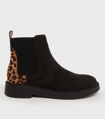 Girls Black Suedette Leopard Print Chelsea Boots