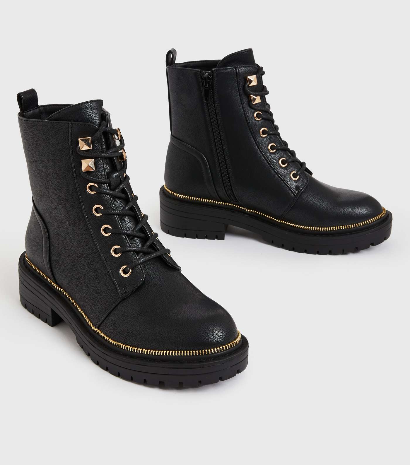 Girls Black Faux Zip Trim Lace Up Chunky Boots Image 3